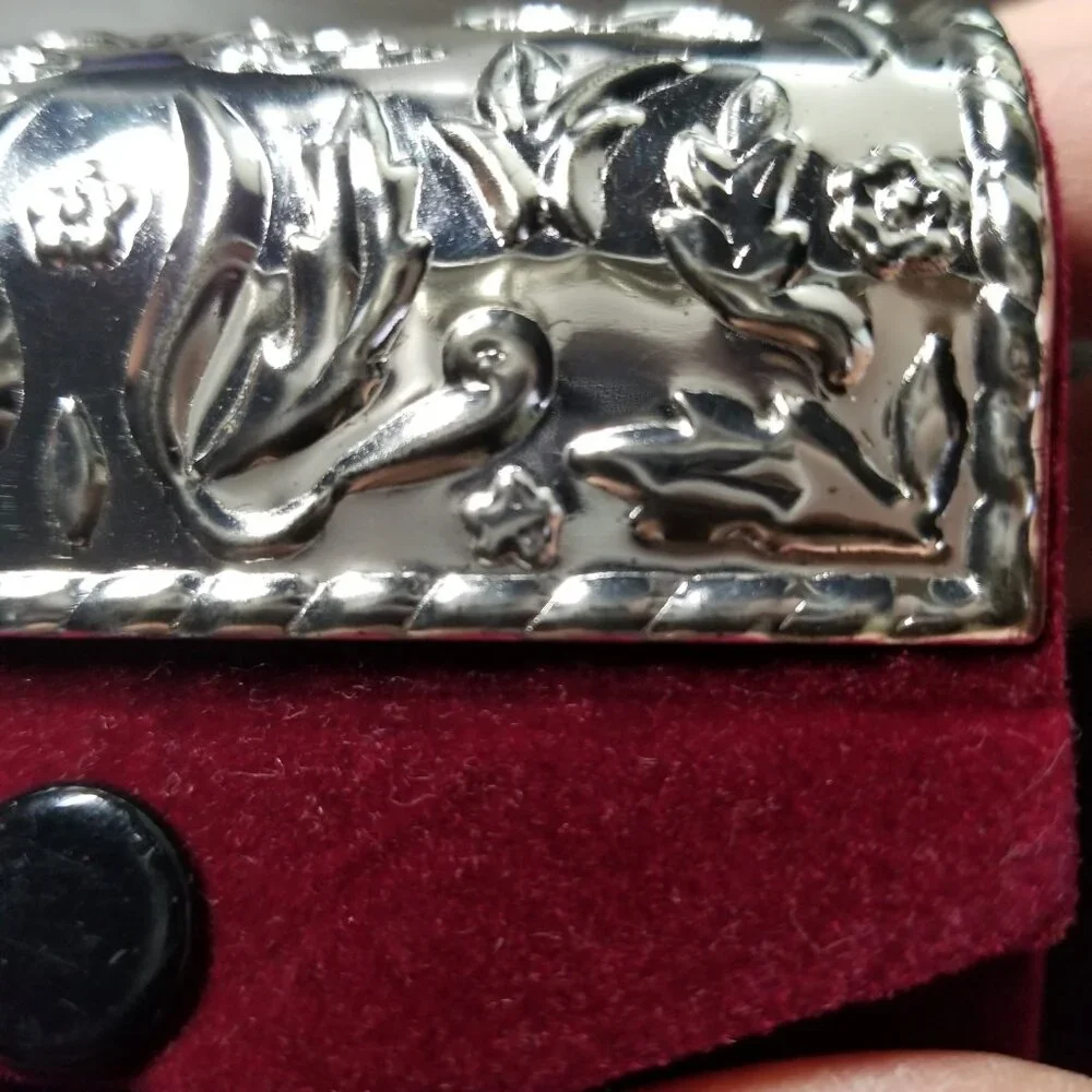 Vintage Double Lipstick Case Silver Plated Velvet Mirror Floral Scrollwork